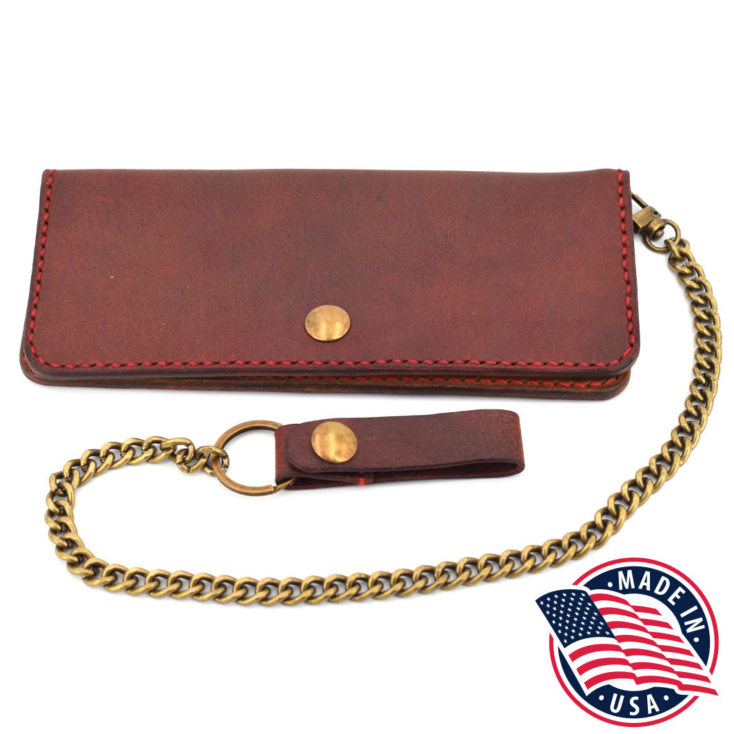 Long Leather Wallet w/ Chain (Brass & Red)